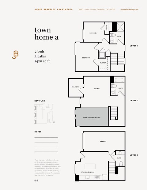 Floor plan for 2 beds, 2.5 baths, 1420 sqft